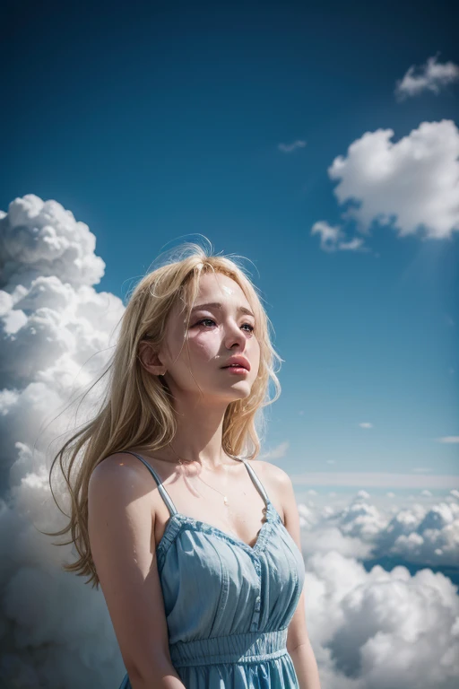 Blonde woman in light blue dress crying,lives above the clouds
