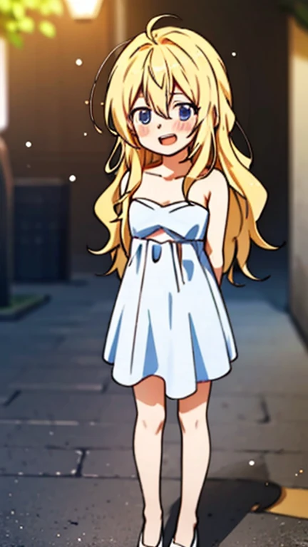 1 girl, kaorimiyazonor4, yellow hair, long wavy hair, hair between the eyes, pale indigo eyes, mature woman, Madurese way, beautiful smile, Open mouth, nose blush, white strapless dress, street, (blurred background, Blurry closeup, depth of field, Ambient lighting:1.3), Lens flare, light particles, tomorrow, sunlight, full body, white shoes, Standing, Full body shot, wide angle, arms at sides