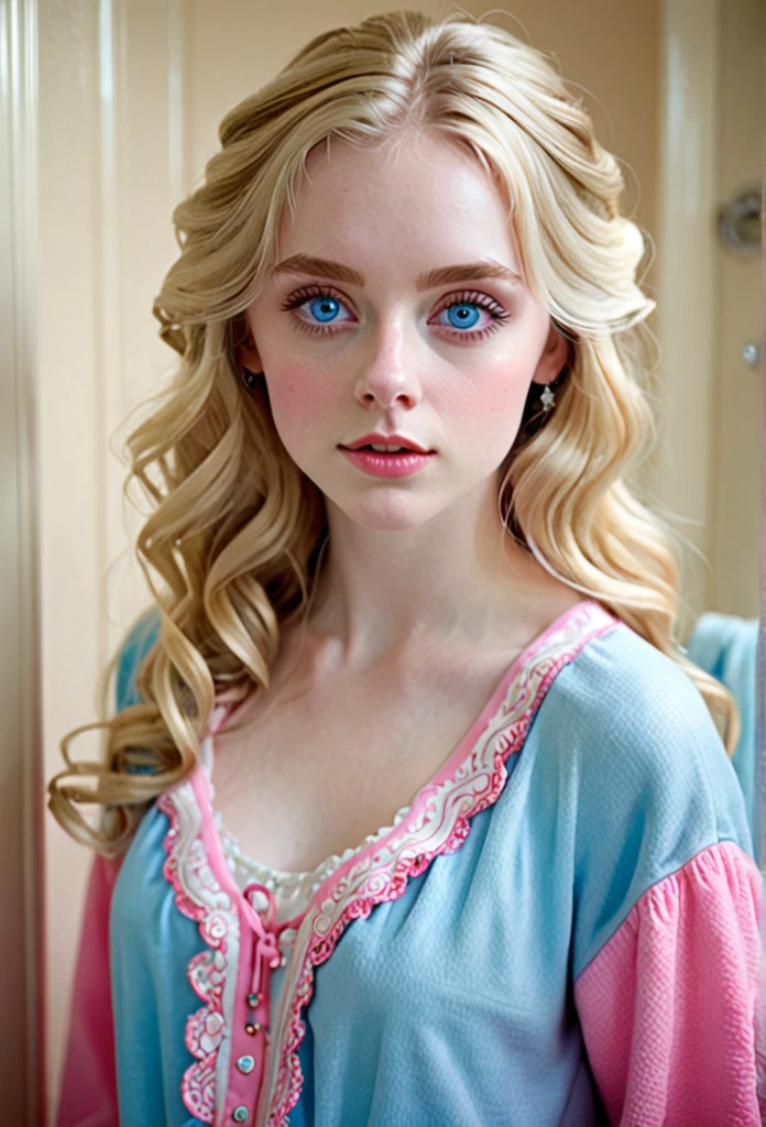 girl, realistic, big blue eyes, very pale skin, blonde hair bathroom, wavy hair, detailed eyes, detailed hair, pink and blue outfit
