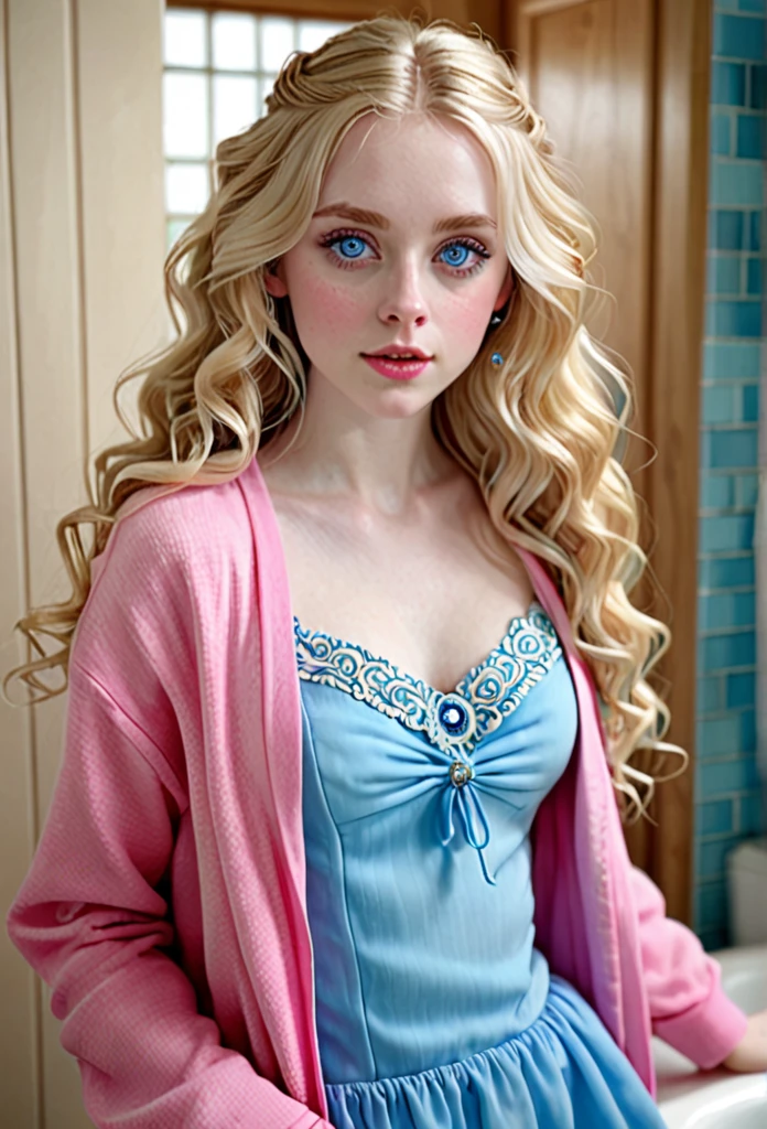girl, realistic, big blue eyes, very pale skin, blonde hair bathroom, wavy hair, detailed eyes, detailed hair, pink and blue outfit