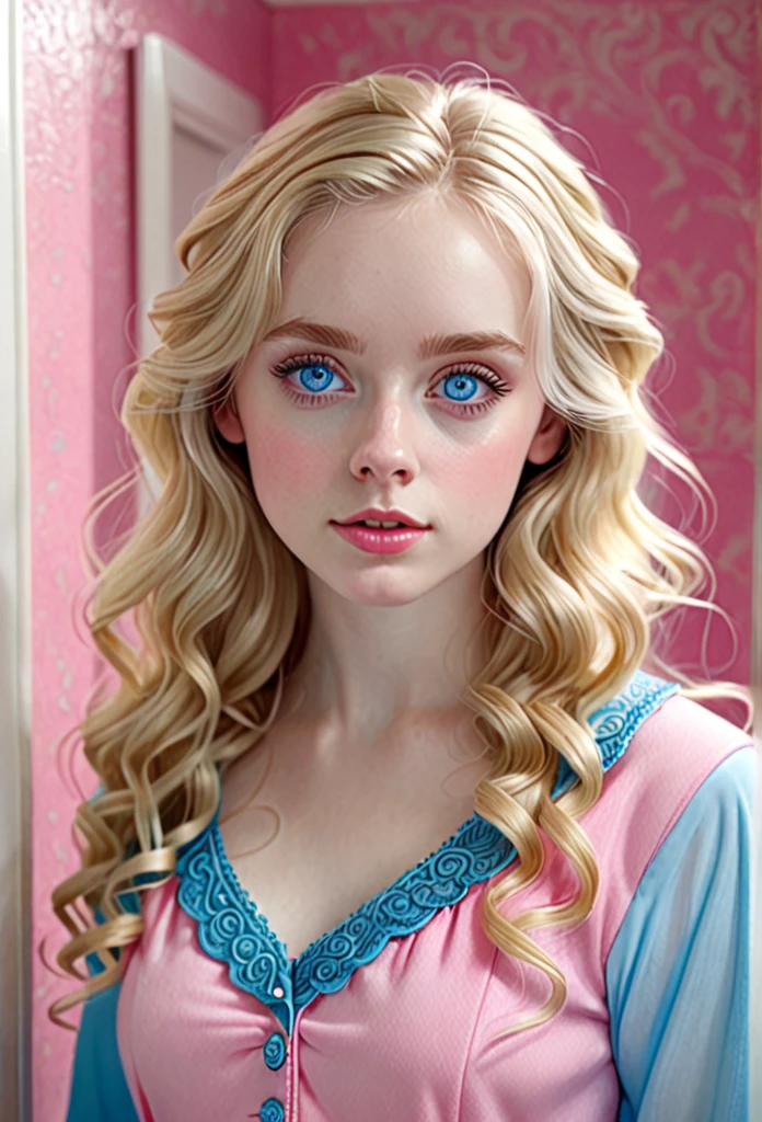 girl, realistic, big blue eyes, very pale skin, blonde hair bathroom, wavy hair, detailed eyes, detailed hair, pink and blue outfit 