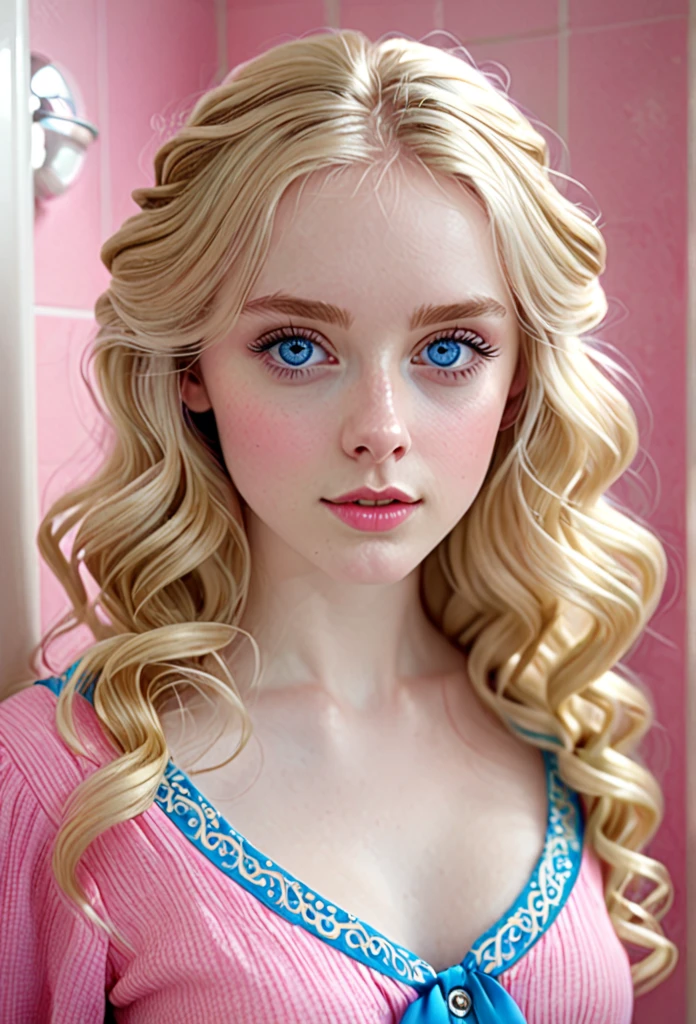 girl, realistic, big blue eyes, very pale skin, blonde hair bathroom, wavy hair, detailed eyes, detailed hair, pink and blue outfit 