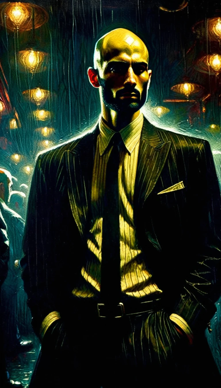 a young thin bald man with a black beard, mafia style, in a club, oil painting, highly detailed, cinematic lighting, dramatic chiaroscuro, gritty and grungy atmosphere, rich colors, moody, Bill Sienkiewicz inspired art, best quality, intricate details, masterpiece