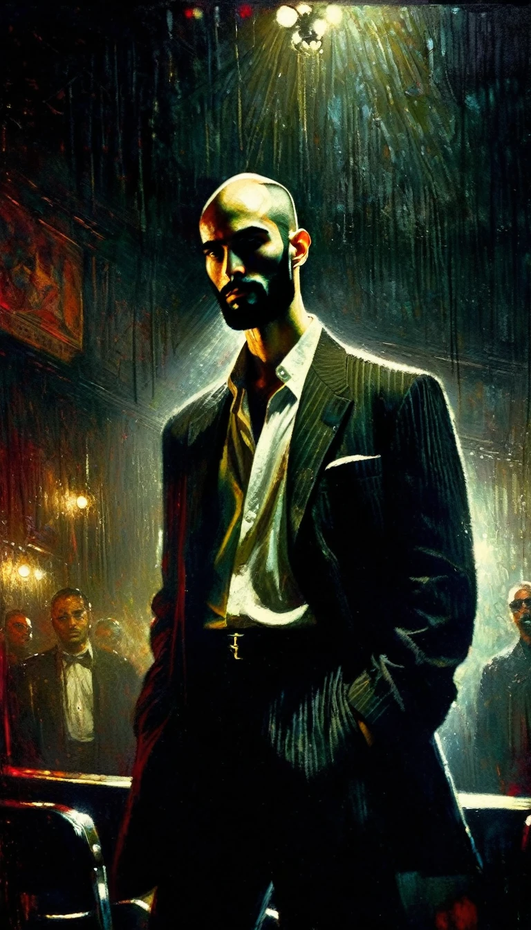 a young thin bald man with a black beard, mafia style, in a club, oil painting, highly detailed, cinematic lighting, dramatic chiaroscuro, gritty and grungy atmosphere, rich colors, moody, Bill Sienkiewicz inspired art, best quality, intricate details, masterpiece