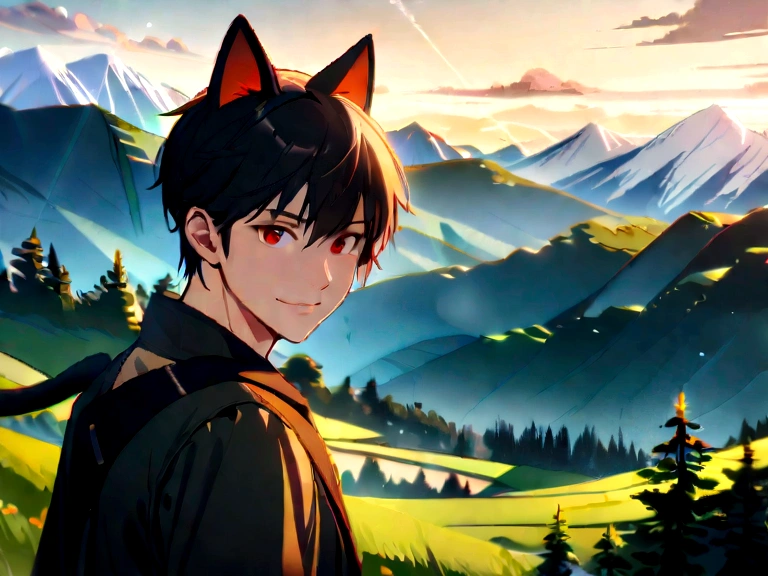 ung boy, glossy dark black hair, Eyes red, big sharp cat ears, cat tail, looking at the viewer while smiling, mountainous setting, rise sun, 4k resolution