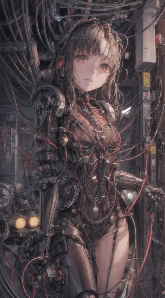 (((masterpiece))), ((best quality)), (ultra-detailed), (CG illustration), (an extremely devious and beautiful)), cinematic light, ((1 mechanical girl)), single, (machine-made joints: 1.4), ((mechanical limbs)), ( blood vessels attached to the tube), ((mechanical spine attached to the back)), ((mechanical cervical vertebrae attached to the neck), ((back to the viewer)), expressionless, (wires and cables attached to the head and body: 1.5), science fiction, apocalypse, ruins