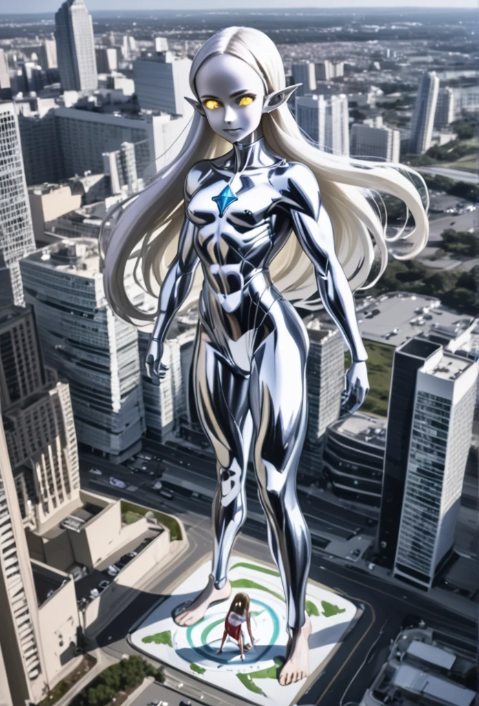 1girl, solo, anime style, 4k quality, masterpiece, best quality, ultra series, sword art online, ****ta, , yui, long hair, blunt bangs, white hair, very long hair, high ponytail, pointy ears, elf, barefoot, ultragirl, robot, colored skin, glowing eyes, yellow eyes, flat chest, giantess, giant, metallic face, metallic skin, shiny skin, chrome skin, gem on chest, colour timer on chest, chest jewel, blue jewel, muscular, abs, muscular female, Female Bodybuilding Style, ultra beam ( a cross-shape or an L-shape with your arms and firing a beam from your upright arm), thick_thighs, looking at viewer, full body, smile face, closed mouth, standing, giantess, outdoor, city, citycape, skyscraper