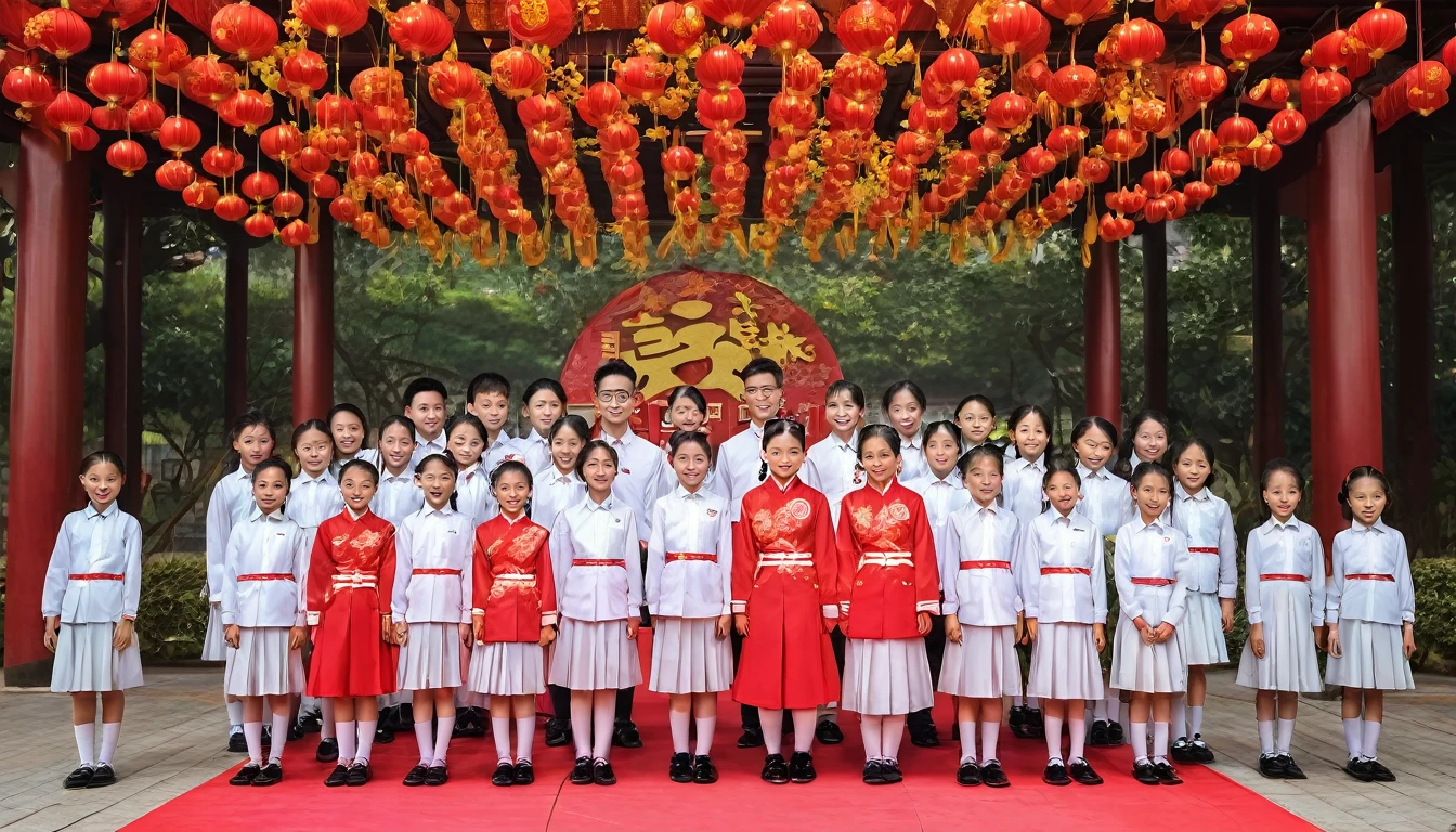 Guangdong Province Primary and Secondary School Autumn Opening Ceremony，Scene with students wearing school uniforms。Traditional Chinese wedding，Family photo。RAW photos，Best quality），（reality，照⽚reality感：1.3），masterpiece，Extremely exquisite and beautiful，High resolution，Original，Perfect lighting，（Extremely detailed CG：1.2），Unification，2k wallpaper，Amazing，Fine details