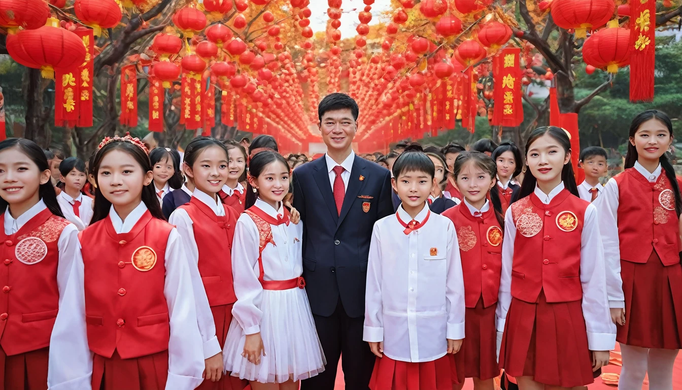 Guangdong Province Primary and Secondary School Autumn Opening Ceremony,Scene with students wearing school uniforms。Traditional Chinese wedding,Family photo。RAW photos,Best quality),(reality,照⽚reality感:1.3),masterpiece,Extremely exquisite and beautiful,High resolution,Original,Perfect lighting,(Extremely detailed CG:1.2),Unification,2k wallpaper,Amazing,Fine details
