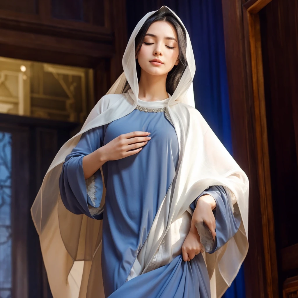 Beautiful woman with eyes closed, wearing gray tunic and white veil, long black hair 