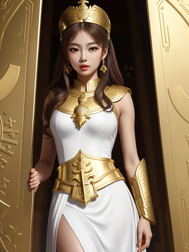 Greek goddess Athena, greek style white dress, Golden armor, golden shield. rostro de jennie kim. Buen cuerpo 