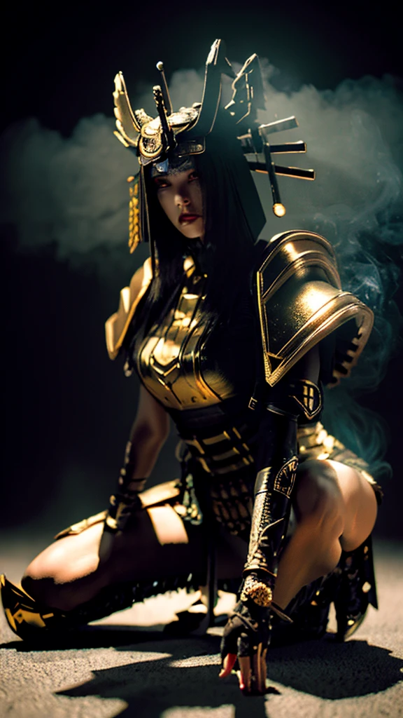 Surreal version of a woman kneeling down on one knee with sword in hand, very beautiful cyberpunk samurai,Sitting on one knee,Futuritic background, cyberpunk anime art, cyberpunk samurai, cyberpunk city anime art, cyberpunk anime, cgsociety 9, digital cyberpunk anime art, style of maciej kuciara .1girl, samurai armor, devil mask helmet, intricate, detailed ornaments, cold colors, metallic, Egyptian details, details very complex, realistic lighting, trending on social cgs, glowing eyes, facing camera, neon details, surreal details, full body portrait, Japanese atmosphere, lighting global, shadow, octane rendering, 8k, super sharp ta.((Best quality)), ((masterpiece)), (details:1.4), 3D, image of a female cyberpunk beautiful,HDR (High Dynamic Range),Beam Range,NVIDIA RTX,Ultra High Resolution,Unreal 5,Subsurface Scattering,PBR Textures,Post-processing,Anisotropic Filtering,Depth of Field, Maximum clarity and sharpness, Multi-layer textures, Albedo and Reflection maps, Surface shadows, Accurate simulation of light-material interaction, Perfect scaling, Octane rendering, Two-tone lighting Color, Wide Aperture, Low ISO, White Balance, Rule of Thirds, 8K RAW,Smoke color background, Blade red blood,