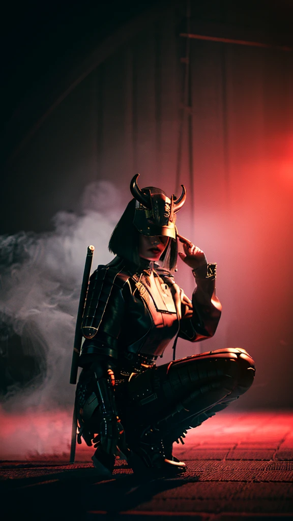 Surreal version of a woman kneeling down on one knee with sword in hand, very beautiful cyberpunk samurai,Sitting on one knee,Futuritic background, cyberpunk anime art, cyberpunk samurai, cyberpunk city anime art, cyberpunk anime, cgsociety 9, digital cyberpunk anime art, style of maciej kuciara .1girl, samurai armor, devil mask helmet, intricate, detailed ornaments, cold colors, metallic, Egyptian details, details very complex, realistic lighting, trending on social cgs, glowing eyes, facing camera, neon details, surreal details, full body portrait, Japanese atmosphere, lighting global, shadow, octane rendering, 8k, super sharp lolita.((Best quality)), ((masterpiece)), (details:1.4), 3D, image of a female cyberpunk beautiful,HDR (High Dynamic Range),Beam Range,NVIDIA RTX,Ultra High Resolution,Unreal 5,Subsurface Scattering,PBR Textures,Post-processing,Anisotropic Filtering,Depth of Field, Maximum clarity and sharpness, Multi-layer textures, Albedo and Reflection maps, Surface shadows, Accurate simulation of light-material interaction, Perfect scaling, Octane rendering, Two-tone lighting Color, Wide Aperture, Low ISO, White Balance, Rule of Thirds, 8K RAW,Smoke color background, Blade red blood,