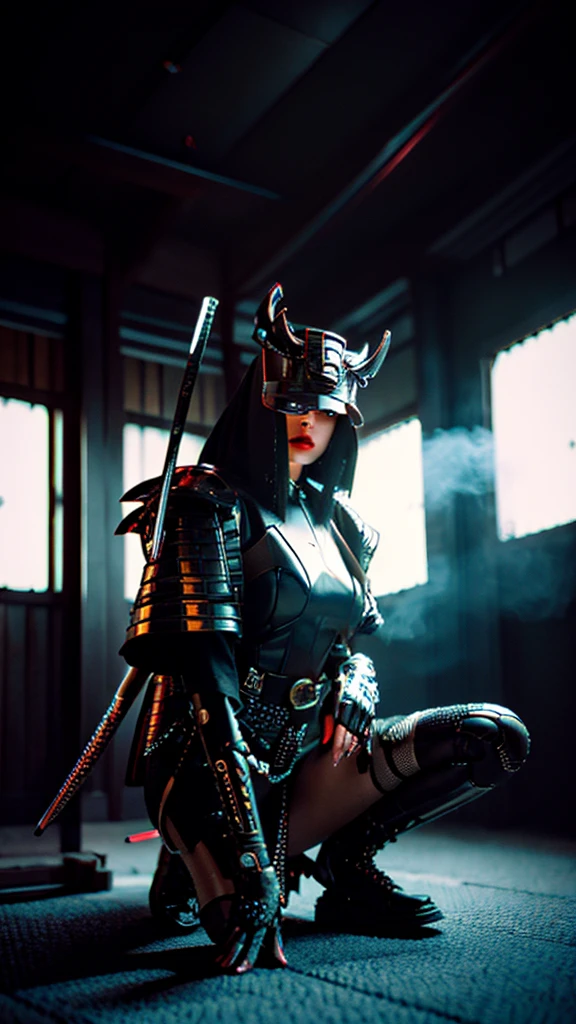 Surreal version of a woman kneeling down on one knee with sword in hand, very beautiful cyberpunk samurai,Sitting on one knee,Futuritic background, cyberpunk anime art, cyberpunk samurai, cyberpunk city anime art, cyberpunk anime, cgsociety 9, digital cyberpunk anime art, style of maciej kuciara .1girl, samurai armor, devil mask helmet, intricate, detailed ornaments, cold colors, metallic, Egyptian details, details very complex, realistic lighting, trending on social cgs, glowing eyes, facing camera, neon details, surreal details, full body portrait, Japanese atmosphere, lighting global, shadow, octane rendering, 8k, super sharp ta.((Best quality)), ((masterpiece)), (details:1.4), 3D, image of a female cyberpunk beautiful,HDR (High Dynamic Range),Beam Range,NVIDIA RTX,Ultra High Resolution,Unreal 5,Subsurface Scattering,PBR Textures,Post-processing,Anisotropic Filtering,Depth of Field, Maximum clarity and sharpness, Multi-layer textures, Albedo and Reflection maps, Surface shadows, Accurate simulation of light-material interaction, Perfect scaling, Octane rendering, Two-tone lighting Color, Wide Aperture, Low ISO, White Balance, Rule of Thirds, 8K RAW,Smoke color background, Blade red blood,