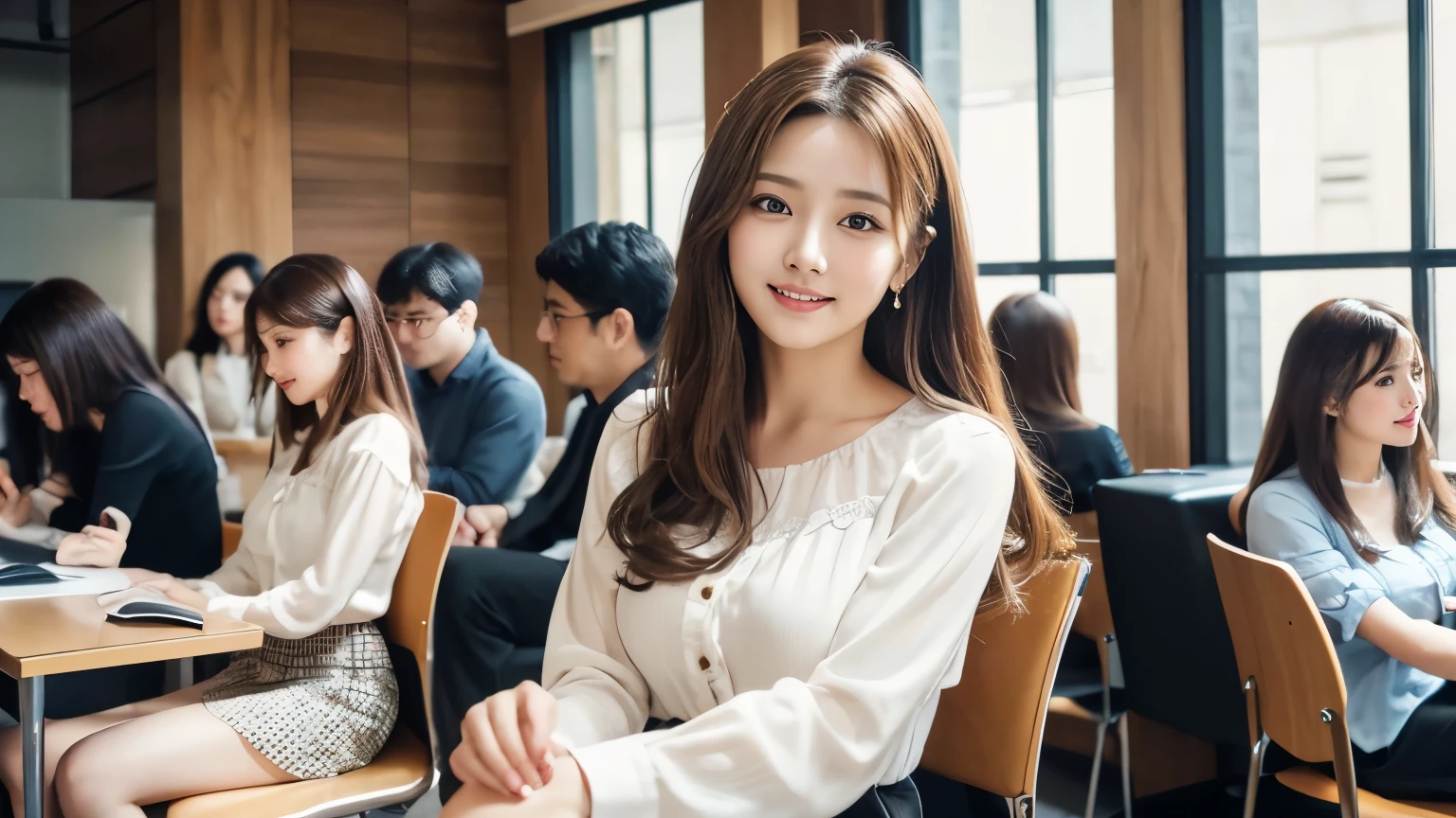 Highest quality、High resolution、8k wallpaper、Dense and beautiful eyedium hair、(Beautiful breasts:1.3)、Natural color lip、25歳のwoman、woman、Brown Hair、smile、Semi-long hair、Fluffy blouse、Knee-length tight skirt、Applying lips、OL、workplace、indoor、Sitting in a chair、There are people around、crowd