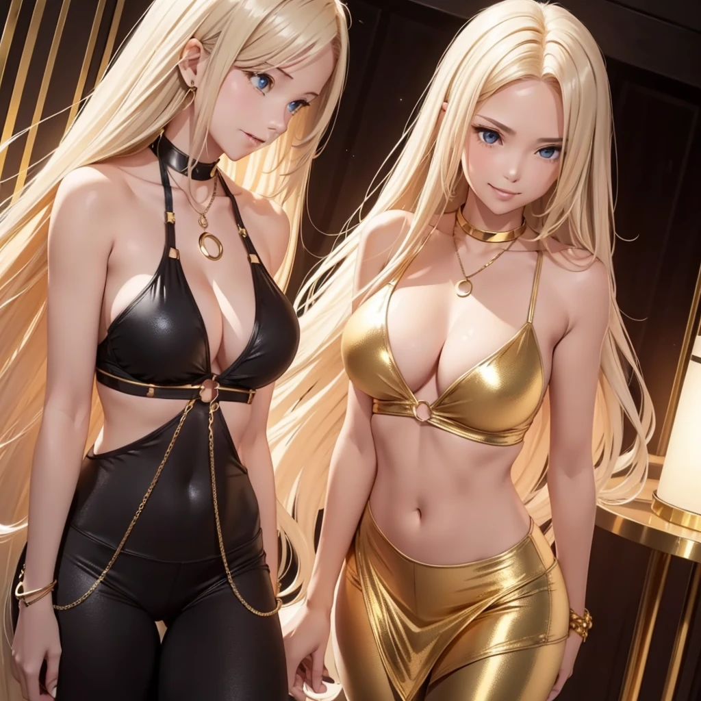 1 girl only, smile, gold necklace with circle pendant ((long blonde hair, between dates.)), gold halter top with aluminum chain, ((cleavage is visible.)), medium breasts, defined thick thighs, leggings black, low waist, seductive look, sarcastic, shy, blushing, ((light skin))