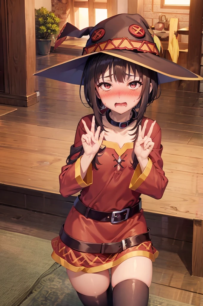 peace sign,(masterpiece, best quality), intricate details, 1girl, megumin, short hair, dress, red dress, hat, witch hat, belt indoors,ahg rolling eyes tongue((((blush)))),(cleatched teetch)