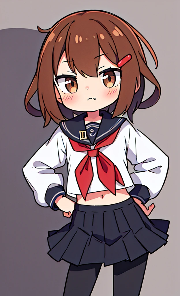 masterpiece,Highest quality,1 Girl,alone,Pokémon-like art style,(bold:1.6),(flat:1.5), BROWN_HAIR,SHORT_HAIR,HAIRCLIP,HAIR_ORNAMENT,BROWN_EYES,SERAFUKU,SCHOOL_UNIFORM,RED_NECKERCHIEF,白い線の入った黒いプリーツスカート,LONG_SLEEVES,BLACK_PANTYHOSE,