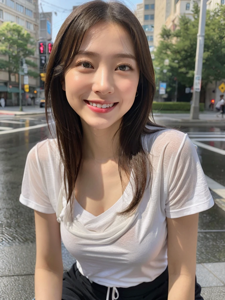 (RAW Photography:1.2)、top-quality、a beautiful detailed girl、squatting、extremely detailed eye and face、beatiful detailed eyes、huge filesize、hight resolution、8k wallpaper、finely detail、Raw photography, Beauty Japan, Drenched T-shirt in heavy rain, The t-shirt is wet and、Underwear can see through, Shy smile、Wet from rain all over the body、Cross your arms behind your back、Street"Highly detailed ticker uniform 8k wallpaper、Light on the face、Movie Lighting、26-year-old woman、sexy  pose、(photorealisim:1.4)、super detailing