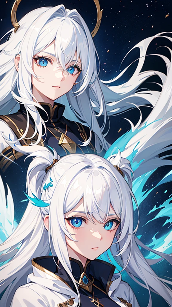 dragon-like and white hair, and star details, blue horn, one blue eye, one eye red