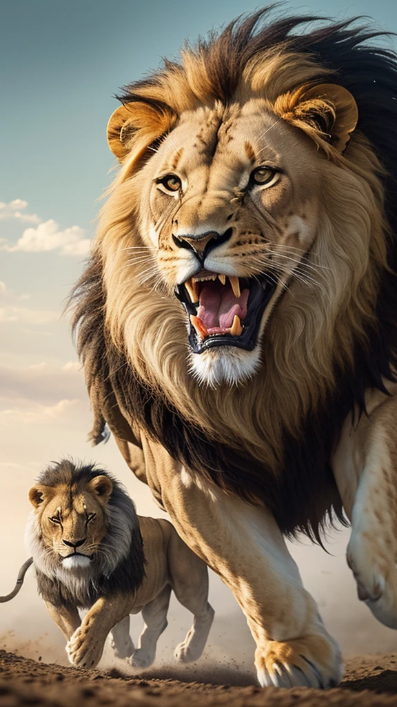 Realistic, cinematic shot, high details, best quality reallisticGiant lion roaring and chasing a woman