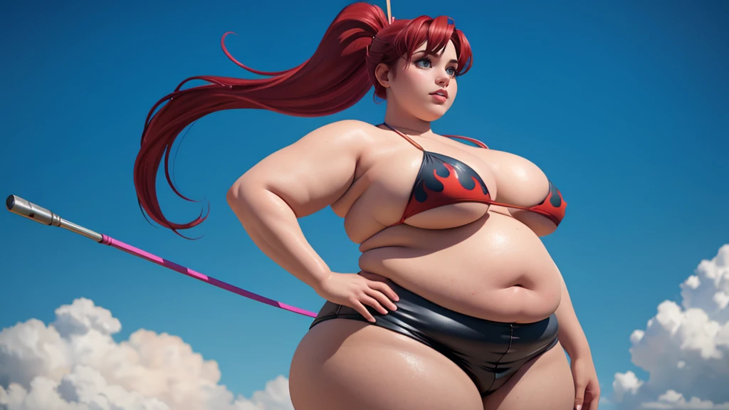 (photorealistic painting art, professional foto, 4K:1.0) Yoko Littner, (face detailed), (standing alone), very wide body, ((beautiful detailed background)), curved, very fat, Broad Hips, huge ass, thick and smooth thighs, very fat flabby arms, realistic lighting, high détail, qualidade hd , face detailed, realistic shading, fat rolls, tamanho huge ass, gigantic huge ass breasts overflowing with fat, decote huge ass, heavy, plus size, everything is fat, soft texture, beautiful big eyes, semi-realistic, dynamic angle, pattern clothes, ssbbw, ver very heavy body, fat belly rolls, bulking, weight gain, mukbang, bbw to ssbbw, bikini and thin leather shorts like her original outfit, VERY LARGE BODY