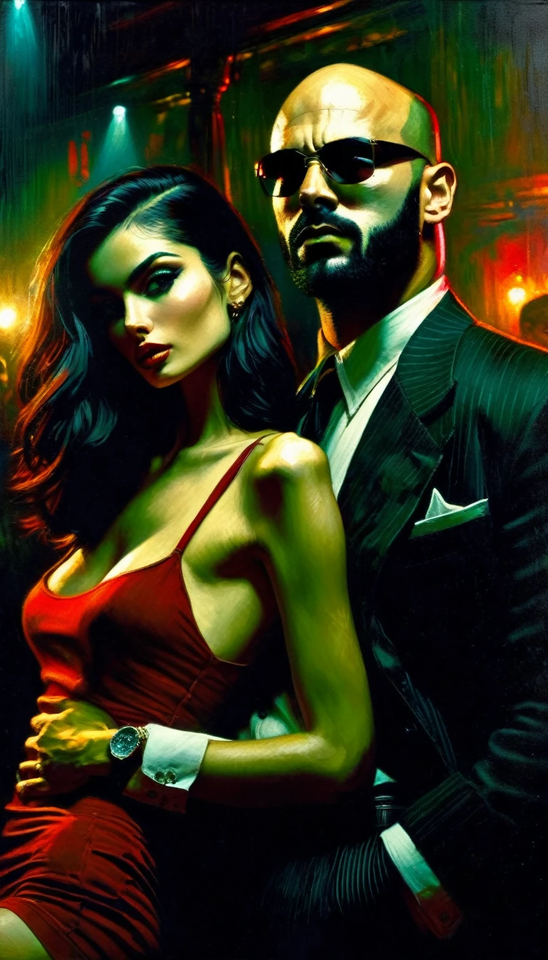 a young thin bald man with a black beard, mafia style,a sexy girl leans on his shoulder, in a club, oil painting, highly detailed, cinematic lighting, dramatic chiaroscuro, gritty and grungy atmosphere, rich colors, moody, Bill Sienkiewicz inspired art,