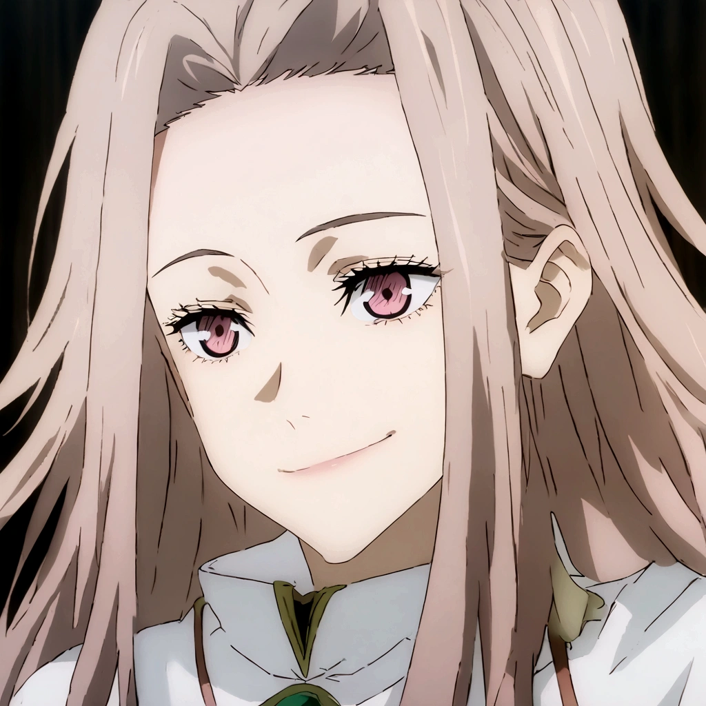make me a femalea18 , brown long hair, pink eyes, she's smiling softly, big breasts, revealin jujutsu sorcerer outfit