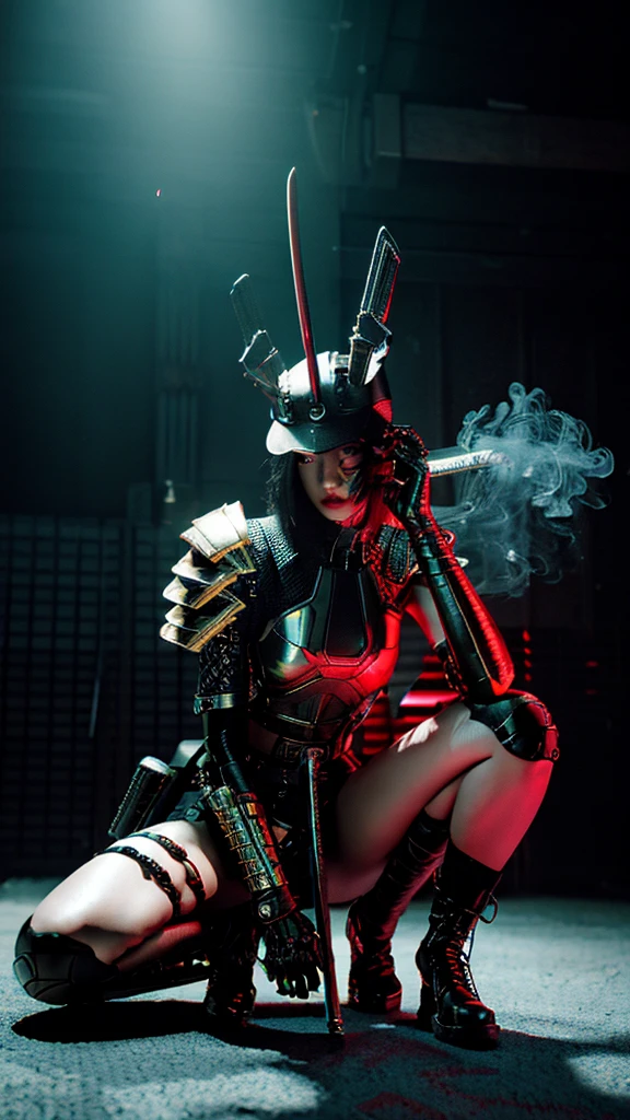Surreal version of a woman kneeling down on one knee with sword in hand, very beautiful cyberpunk samurai,Sitting on one knee,Futuritic background, cyberpunk anime art, cyberpunk samurai, cyberpunk city anime art, cyberpunk anime, cgsociety 9, digital cyberpunk anime art, style of maciej kuciara .1girl, samurai armor, devil mask helmet, intricate, detailed ornaments, cold colors, metallic, Egyptian details, details very complex, realistic lighting, trending on social cgs, glowing eyes, facing camera, neon details, surreal details, full body portrait, Japanese atmosphere, lighting global, shadow, octane rendering, 8k, super sharp ta.((Best quality)), ((masterpiece)), (details:1.4), 3D, image of a female cyberpunk beautiful,HDR (High Dynamic Range),Beam Range,NVIDIA RTX,Ultra High Resolution,Unreal 5,Subsurface Scattering,PBR Textures,Post-processing,Anisotropic Filtering,Depth of Field, Maximum clarity and sharpness, Multi-layer textures, Albedo and Reflection maps, Surface shadows, Accurate simulation of light-material interaction, Perfect scaling, Octane rendering, Two-tone lighting Color, Wide Aperture, Low ISO, White Balance, Rule of Thirds, 8K RAW,Smoke color background, Blade red blood,Lisa BlackPink ,