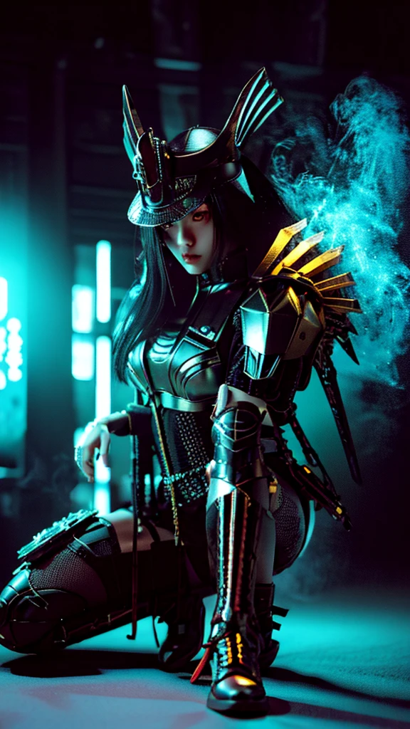 Surreal version of a woman kneeling down on one knee with sword in hand, very beautiful cyberpunk samurai,Sitting on one knee,Futuritic background, cyberpunk anime art, cyberpunk samurai, cyberpunk city anime art, cyberpunk anime, cgsociety 9, digital cyberpunk anime art, style of maciej kuciara .1girl, samurai armor, devil mask helmet, intricate, detailed ornaments, cold colors, metallic, Egyptian details, details very complex, realistic lighting, trending on social cgs, glowing eyes, facing camera, neon details, surreal details, full body portrait, Japanese atmosphere, lighting global, shadow, octane rendering, 8k, super sharp ta.((Best quality)), ((masterpiece)), (details:1.4), 3D, image of a female cyberpunk beautiful,HDR (High Dynamic Range),Beam Range,NVIDIA RTX,Ultra High Resolution,Unreal 5,Subsurface Scattering,PBR Textures,Post-processing,Anisotropic Filtering,Depth of Field, Maximum clarity and sharpness, Multi-layer textures, Albedo and Reflection maps, Surface shadows, Accurate simulation of light-material interaction, Perfect scaling, Octane rendering, Two-tone lighting Color, Wide Aperture, Low ISO, White Balance, Rule of Thirds, 8K RAW,Smoke color background, Blade red blood,Lisa BlackPink ,