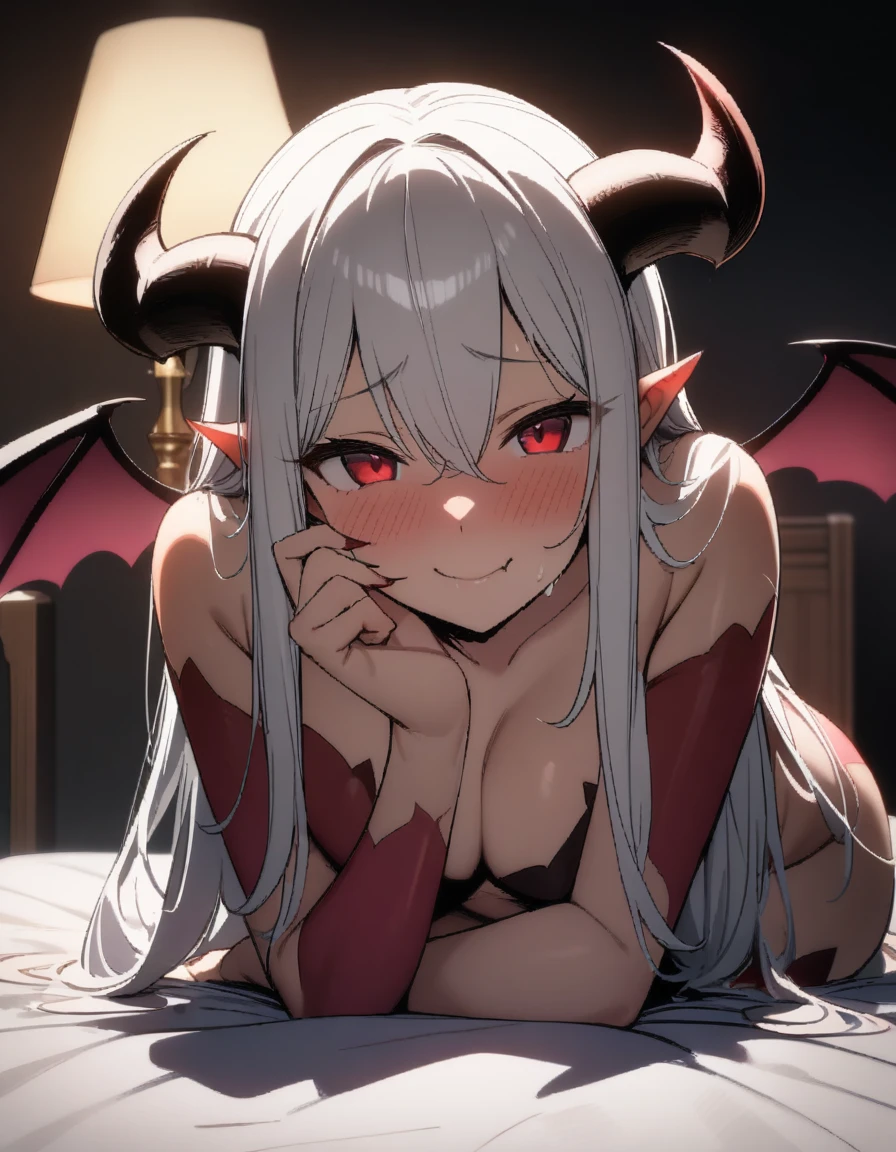 (masterpiece), best quality, (warm color:1.2), (warm lighting:1.2), full body, expressive eyes, beautiful elegant face, drunk expression, ((Succubus:1.6)), horns, white hair, red eyes,1 girl, looking at viewer, in bedroom, (((warm skin tone))), blushing, (sensual expression:1.2), smiling, (sensual pose:1.2), (high quality, 8k, 4K, High Contrast, masterpiece:1.2), (completely naked:1.2), (large round breasts:1.4), (small pink nipples:1.2), (muscular body:1.2), (muscular shoulders:1.2), (muscular arms:1.2), (defined midriff:1.2), (hips),  (excessive cum on her face), (cum dripping down her chin), (long thick strands of cum), (excessive cum on her body), (cum dripping down her breasts)