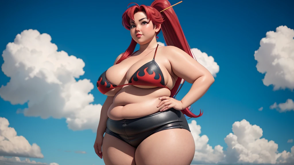 (photorealistic painting art, professional foto, 4K:1.0) Yoko Littner, (face detailed), (standing alone), very wide body, ((beautiful detailed background)), curved, very fat, Broad Hips, huge ass, thick and smooth thighs, very fat flabby arms, realistic lighting, high détail, qualidade hd , face detailed, realistic shading, fat rolls, tamanho huge ass, gigantic huge ass breasts overflowing with fat, decote huge ass, heavy, plus size, everything is fat, soft texture, beautiful big eyes, semi-realistic, dynamic angle, pattern clothes, ssbbw, ver very heavy body, fat belly rolls, bulking, weight gain, mukbang, bbw to ssbbw, bikini and thin leather shorts like her original outfit, VERY LARGE BODY