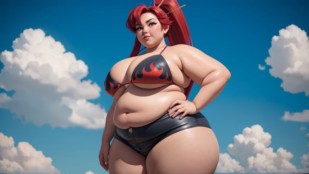 (photorealistic painting art, professional foto, 4K:1.0) Yoko Littner, (face detailed), (standing alone), very wide body, ((beautiful detailed background)), curved, very fat, Broad Hips, huge ass, thick and smooth thighs, very fat flabby arms, realistic lighting, high détail, qualidade hd , face detailed, realistic shading, fat rolls, tamanho huge ass, gigantic huge ass breasts overflowing with fat, decote huge ass, heavy, plus size, everything is fat, soft texture, beautiful big eyes, semi-realistic, dynamic angle, pattern clothes, ssbbw, ver very heavy body, fat belly rolls, bulking, weight gain, mukbang, bbw to ssbbw, bikini and thin leather shorts like her original outfit, VERY LARGE BODY