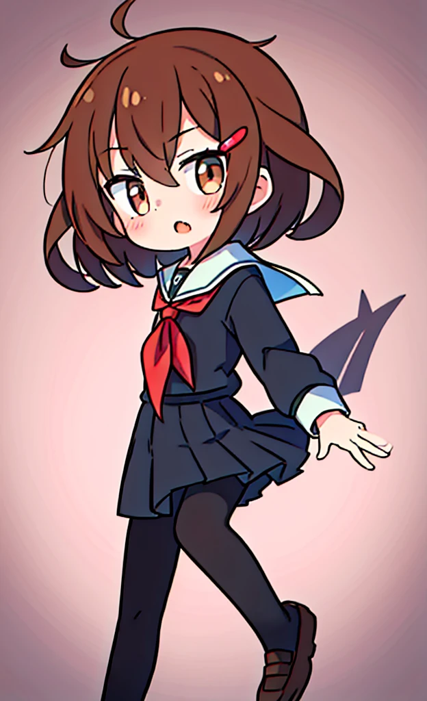 masterpiece,Highest quality,1 Girl,alone,Pokémon-like art style,(bold:1.6),(flat:1.5), BROWN_HAIR,SHORT_HAIR,HAIRCLIP,HAIR_ORNAMENT,BROWN_EYES,SERAFUKU,SCHOOL_UNIFORM,RED_NECKERCHIEF,黒いプリーツスカート,LONG_SLEEVES,BLACK_PANTYHOSE,