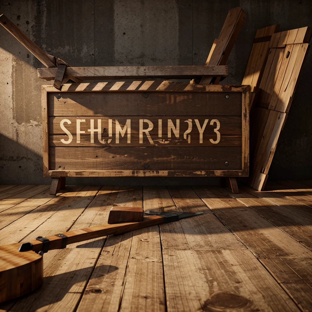 Wooden sign with a semi-realistic ax on its side in 3D