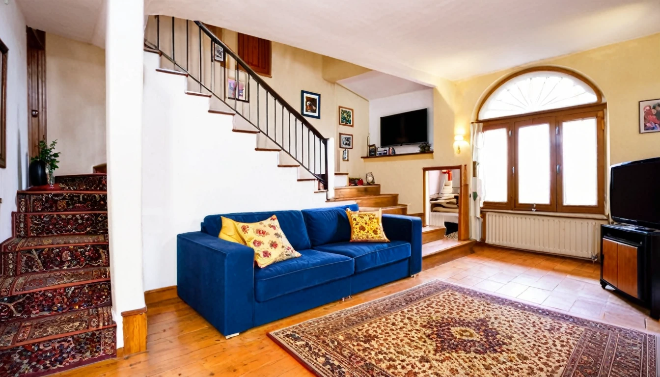 living room of the house, cozy, sofa, television, pictures on the walls, carpet on the floor, stairs to the second floor