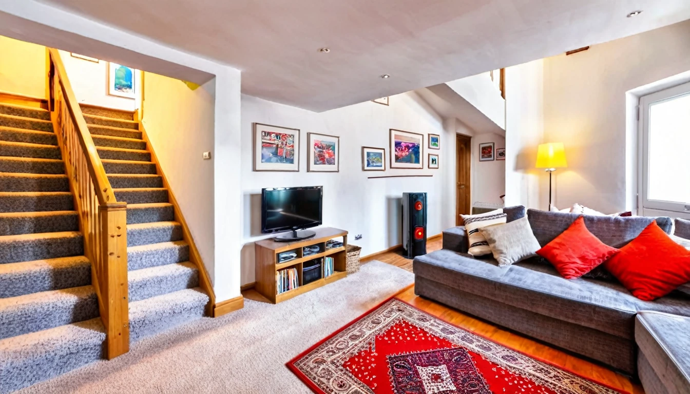 living room of the house, cozy, sofa, television, pictures on the walls, carpet on the floor, stairs to the second floor