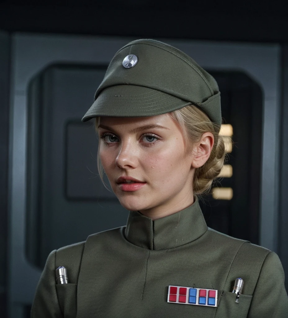 fashion photography of young  Elisha Cuthbert in olive gray imperialofficer uniform and hat with brim, rank plaque insignia, hair in small tight bun, smooth pale white skin, haughty proud snob, pouty lips, buck teeth, sci-fi Death Star control room, sharp focus, dlsr, ultra sharp, professional Photographer, film grain, very detailed skin texture, photorealistic, no makeup