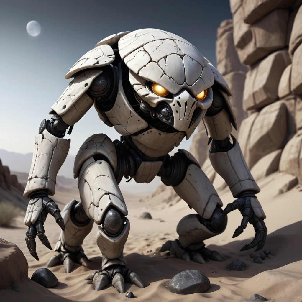 (best quality,4k,8k,highres,masterpiece:1.2),ultra-detailed,(realistic,photorealistic,photo-realistic:1.37), white stone scarab golem in the desert, illustration,[dark and gritty atmosphere], detailed debris, cobble walls, glowing eyes of the insect, fantasy style, cracked white stone, lights reflecting on the scarab, cold palette, low-key lighting