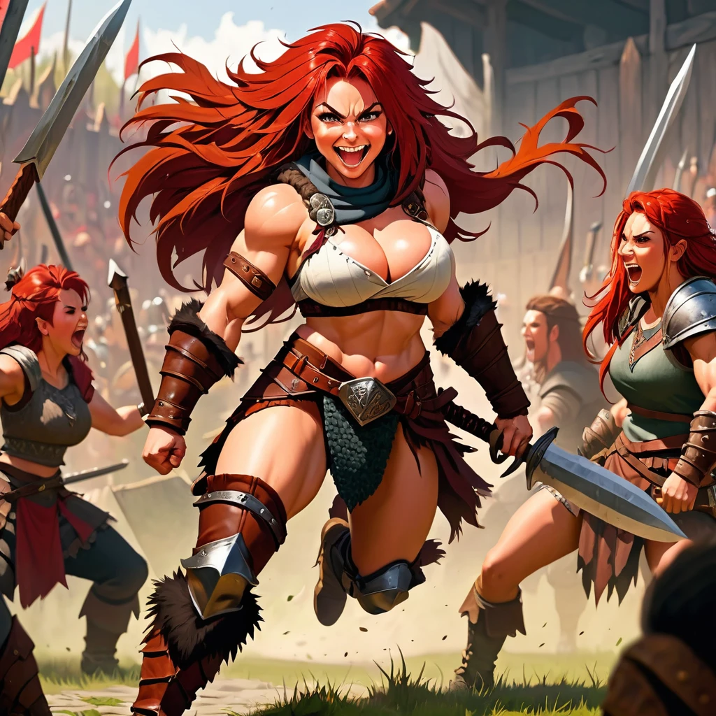 masterpiece, best quality, tomboy, warrior, berserker, tall female, muscular female, living hair, sauvage,, medieval clothing, fantasy, fantasy weapon, huge , barbarian pants, combat boots, red hair, crazy smile, open mouth, biceps, necktie, thick arms,long hair,pants, pullover,armor