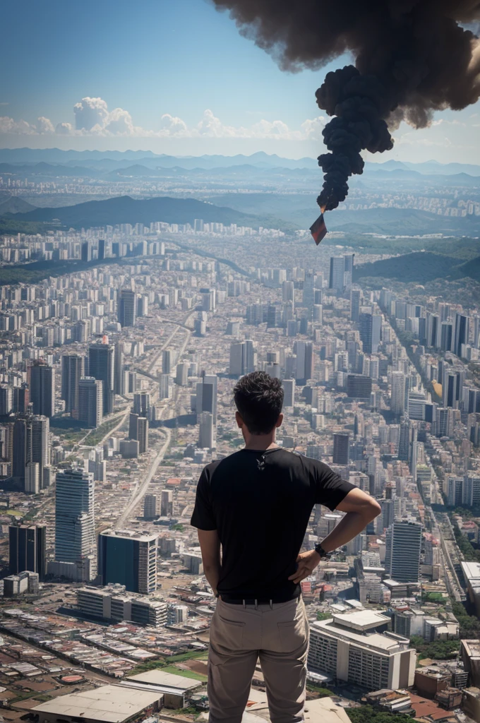 A view of São Paulo, Brazil, or Brasília in chaos, with the city destroyed. There are fires, damaged buildings, and overturned cars. The scene can be viewed from a distance or closer up. A man, seen from the back, wearing normal black clothes, is floating in the air. He is holding a torn Brazilian flag, as if he ripped it himself.