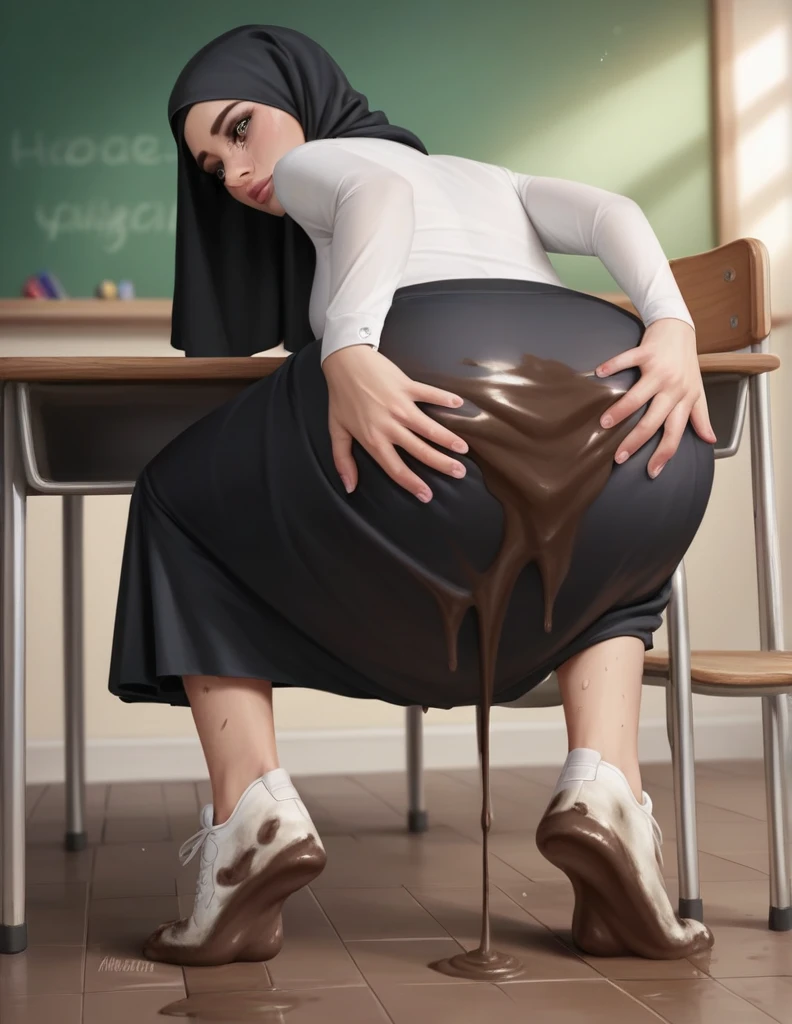 Realistic graphics, realistic face features, 1girl, 10 year old, cute face, pretty face, cute eyes, unshaved legs, black hijab, long black skirt, tight long sleeve white shirt, white sneakers, crying, (((both hands on ass))), very sweaty, in dirty classroom, near the desk, dirty skirt, dirty chair, dirty clothes, sweaty clothes, (((make the whole image filthy and dirty))), (((some mud dripping from long skirt))), stinky atmosphere, filthy atmosphere, mud on long skirt, disgusting long skirt, (((extreme amount of mud on crotch))),