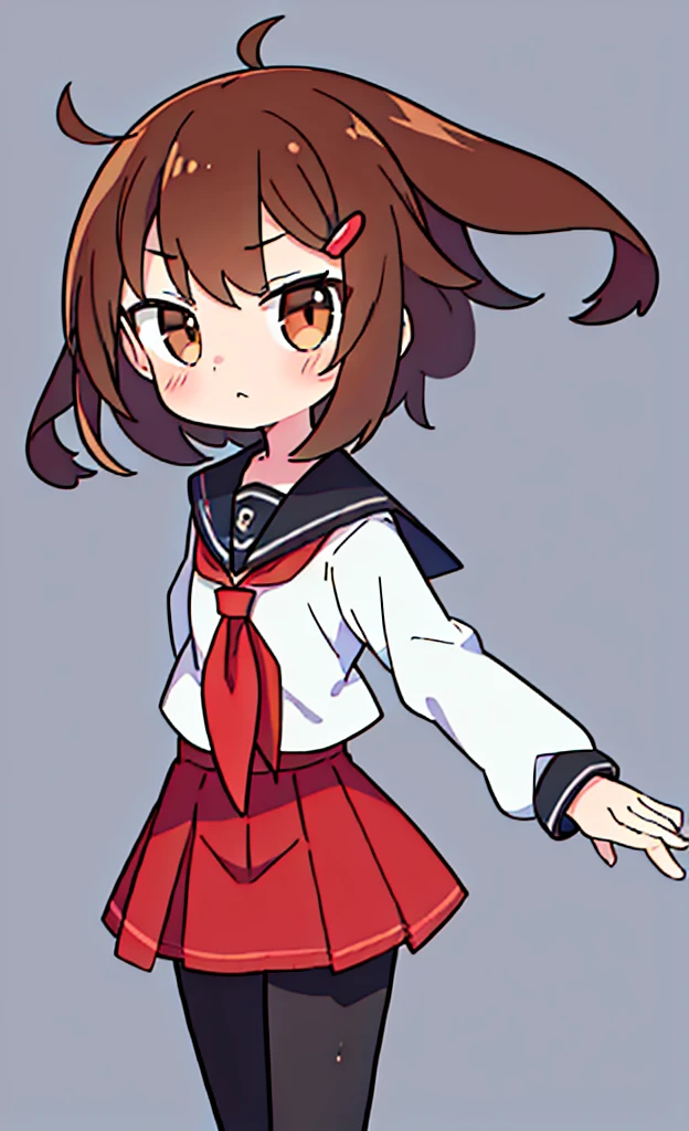 masterpiece,Highest quality,1 Girl,alone,Pokémon-like art style,(bold:1.6),(flat:1.5), BROWN_HAIR,SHORT_HAIR,HAIRCLIP,HAIR_ORNAMENT,BROWN_EYES,SERAFUKU,SCHOOL_UNIFORM,RED_NECKERCHIEF,PLEATED_SKIRT,LONG_SLEEVES,BLACK_PANTYHOSE,