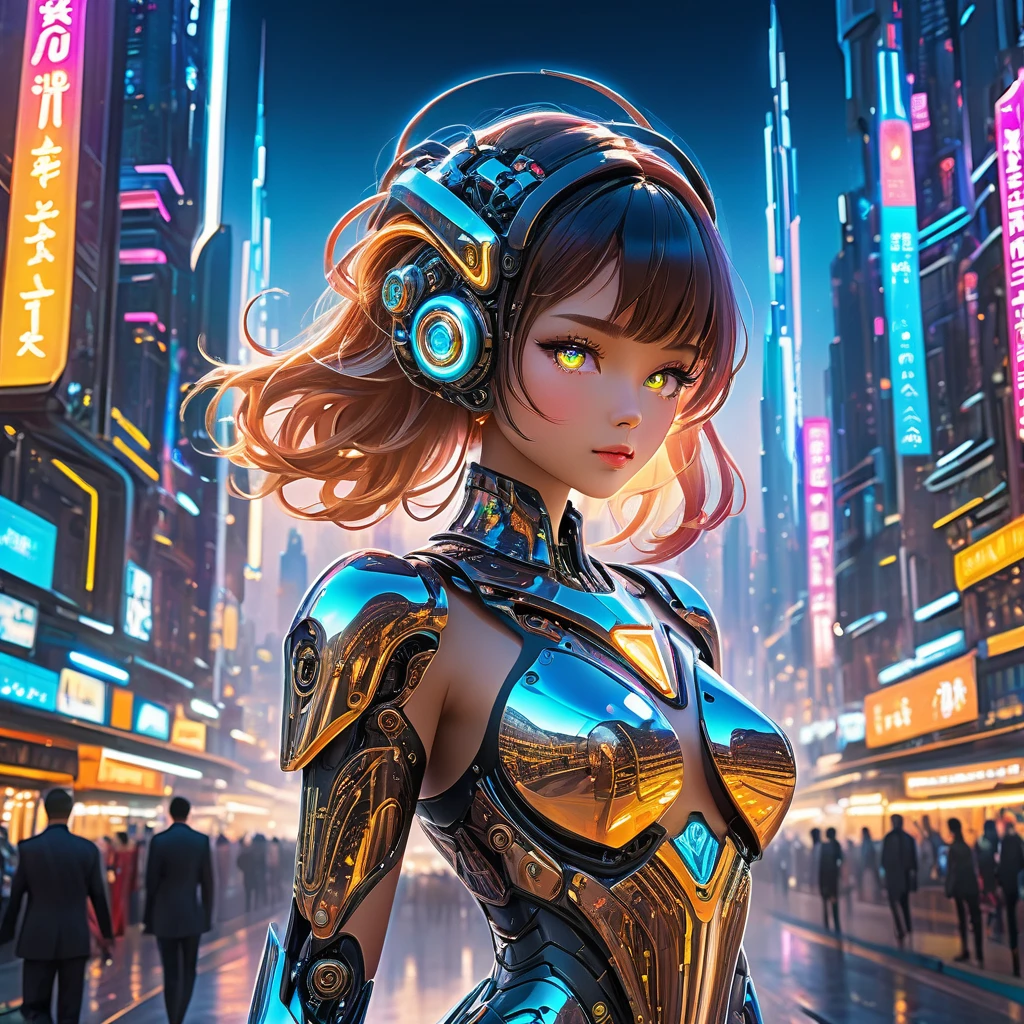 A mechanical girl of the future,gleaming metal,shimmering robotic movements,ethereal,Futuristic technology,advanced artificial intelligence,neon-lit cityscape,Metallic exoskeleton,highly detailed facial features,glowing LED eyes,meticulously crafted synthetic skin,extravagant futuristic fashion,hovering above the ground,exploring the urban landscape,futuristic technology,exquisite craftsmanship,metallic limbs with intricate designs,seamless integration of human and machine,surreal,otherworldly atmosphere,utopian cityscape in the backdrop,advanced weaponry integrated into her body,emitting a soft vibrant glow,expressive and captivating gaze,superhuman strength and agility,striking a pose of confidence and power,high-resolution portrait with vibrant colors and intricate details,breathtaking,awe-inspiring artwork. (best quality,4k,8k,highres,masterpiece:1.2),ultra-detailed,(realistic,photorealistic,photo-realistic:1.37),HDR,UHD,studio lighting,ultra-fine painting,sharp focus,physically-based rendering,extreme detail description,professional,vivid colors,bokeh,portraits,concept artists