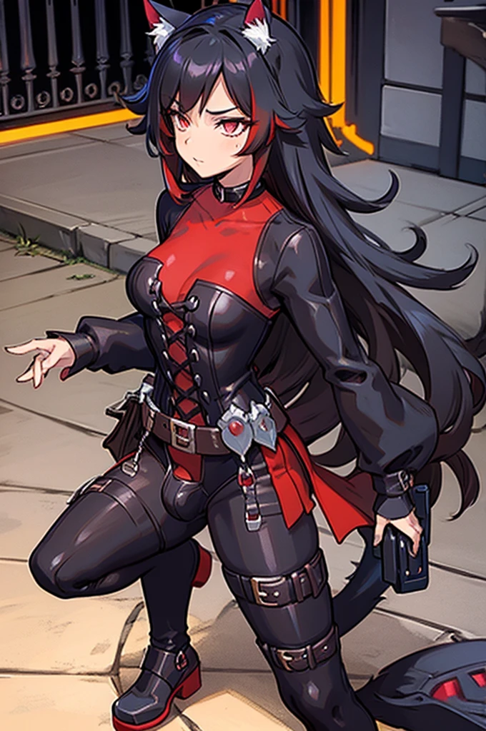 Anime Detailed Beautiful fantasy Woman, small , long black hair with red highlights, (big bulge), big cock, (big dick), silver eyes, hair tips are red, black cat ears, black cat tail, baggy fantasy clothes,