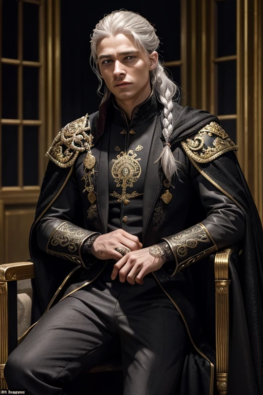 Male and Prince of House Targaryen aged 20-25, intense violet eyes penetrating and determined. Your hair is golden-silver, long and usually tied in a ponytail or braid. Has fair skin, almost pale, with some visible scars from previous battles. His casual attire is a dark brown leather tunic., resistant fabric pants, high leather boots. over, a black wool coat with discreet gold embroidery and the cape, On formal occasions, black velvet, with the Targaryen crest embroidered in gold thread on the back. He also has a notable scar running across the side of his face., result of a fierce battle. Several smaller scars on arms and chest, memories of the many battles. He has an often serious and focused expression, but with an air of nobility and compassion, especially in quieter moments. As an accessory, Wear a silver ring with the symbol of a dragon.