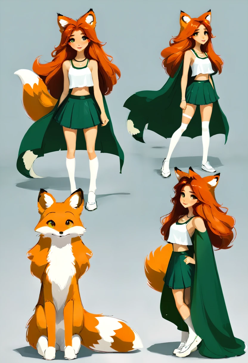 Full-length portrait of a very cute humanoid fox, with a dark orange fox tail and ears, long hair, dark red hair color, olhos na cor verde, wearing white tank top, green skirt and a green cape long to the knees, White background, webtoon style