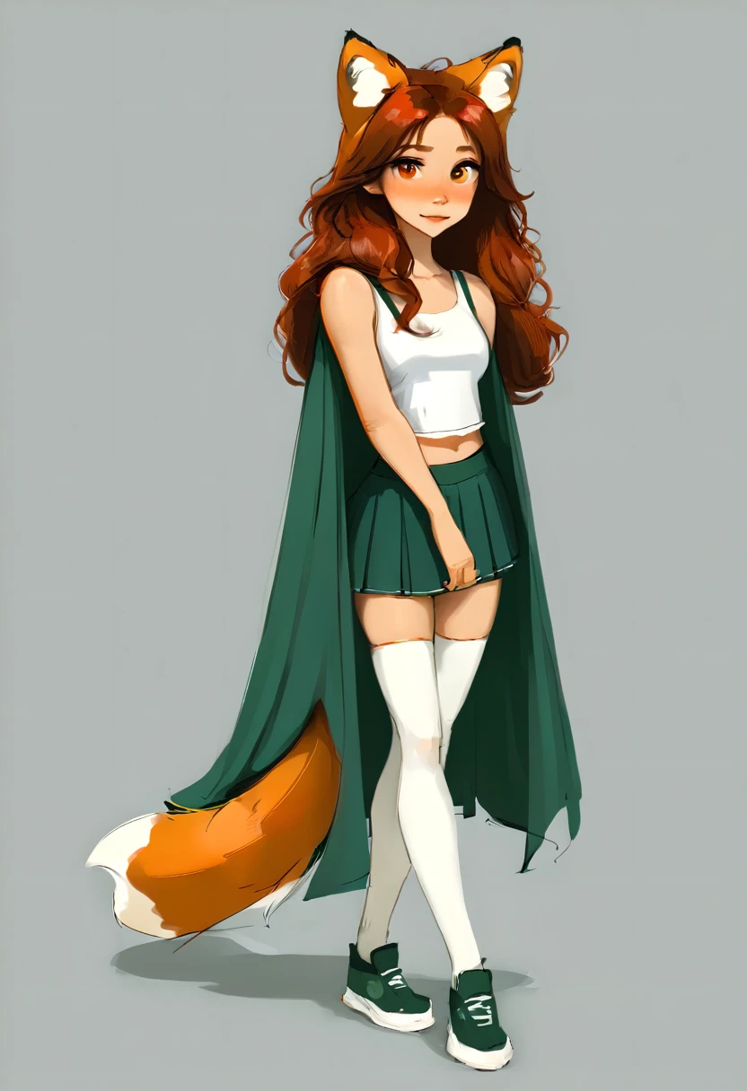 Full-length portrait of a very cute humanoid fox, with a dark orange fox tail and ears, long hair, dark red hair color, olhos na cor verde, wearing white tank top, green skirt and a green cape long to the knees, White background, webtoon style