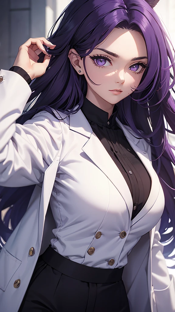 Woman;
cientist;
white labcoat;
black blouse;
big breasts;
purple eyes;
cabelo roxo;
wolf's ears;