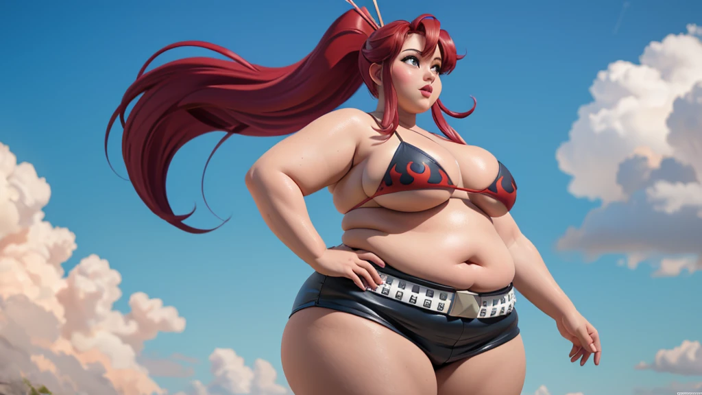 (photorealistic painting art, professional foto, 4K:1.0) Yoko Littner, (face detailed), (standing alone), very wide body, ((beautiful detailed background)), curved, very fat, Broad Hips, huge ass, thick and smooth thighs, very fat flabby arms, realistic lighting, high détail, qualidade hd , face detailed, realistic shading, fat rolls, tamanho huge ass, gigantic huge ass breasts overflowing with fat, decote huge ass, heavy, plus size, everything is fat, soft texture, beautiful big eyes, semi-realistic, dynamic angle, pattern clothes, ssbbw, ver very heavy body, fat belly rolls, bulking, weight gain, mukbang, bbw to ssbbw, bikini and thin leather shorts like her original outfit, VERY LARGE BODY